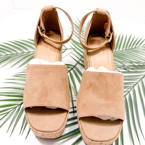 Lisa Vicky Shoes Womens Size 9 Cognac Kid Suede Platform Wedge Sandals LAUD-V - Picture 4 of 12